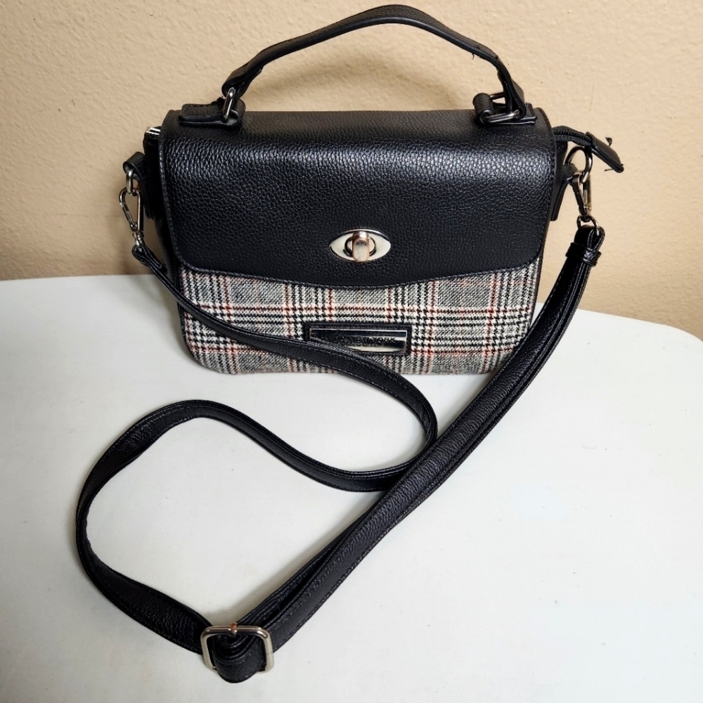 Marc New York Tweed Plaid Pebbled Black Faux Leather Purse